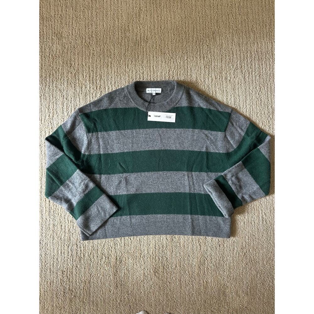 White + Warren Cashmere Stripped Crewneck Graphite/Emerald Medium NWT - Picture 6 of 10